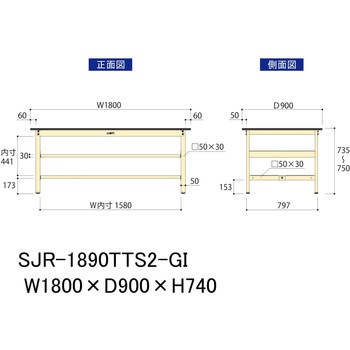 中量作業台/耐荷重500kg_中間+足元全面棚板付き_固定式H740_塩ビシート天板_ワークテーブル500シリーズ 山金工業