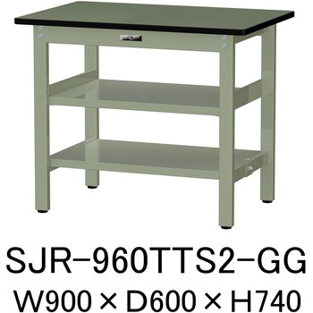 中量作業台/耐荷重500kg_中間+足元全面棚板付き_固定式H740_塩ビシート天板_ワークテーブル500シリーズ 山金工業