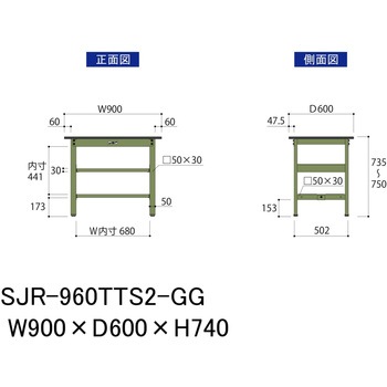 中量作業台/耐荷重500kg_中間+足元全面棚板付き_固定式H740_塩ビシート天板_ワークテーブル500シリーズ 山金工業