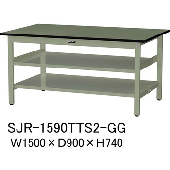 中量作業台/耐荷重500kg_中間+足元全面棚板付き_固定式H740_塩ビシート天板_ワークテーブル500シリーズ 山金工業