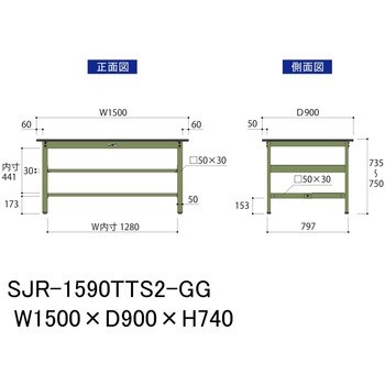 中量作業台/耐荷重500kg_中間+足元全面棚板付き_固定式H740_塩ビシート天板_ワークテーブル500シリーズ 山金工業