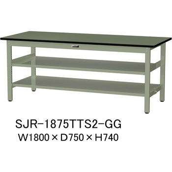 中量作業台/耐荷重500kg_中間+足元全面棚板付き_固定式H740_塩ビシート天板_ワークテーブル500シリーズ 山金工業