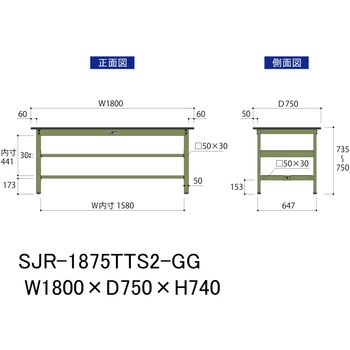 中量作業台/耐荷重500kg_中間+足元全面棚板付き_固定式H740_塩ビシート天板_ワークテーブル500シリーズ 山金工業