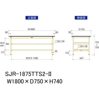 中量作業台/耐荷重500kg_中間+足元全面棚板付き_固定式H740_塩ビシート天板_ワークテーブル500シリーズ 山金工業