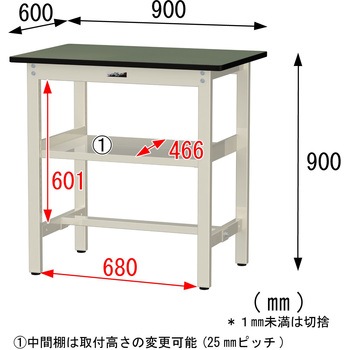 中量作業台/耐荷重500kg_中間全面棚板付き_固定式H900_塩ビシート天板_ワークテーブル500シリーズ 山金工業