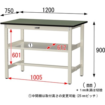 中量作業台/耐荷重500kg_中間全面棚板付き_固定式H900_塩ビシート天板_ワークテーブル500シリーズ 山金工業