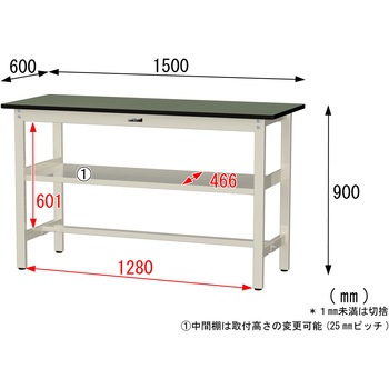 中量作業台/耐荷重500kg_中間全面棚板付き_固定式H900_塩ビシート天板_ワークテーブル500シリーズ 山金工業