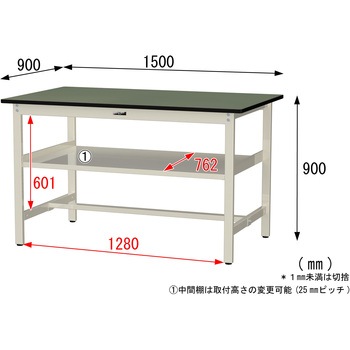 中量作業台/耐荷重500kg_中間全面棚板付き_固定式H900_塩ビシート天板_ワークテーブル500シリーズ 山金工業