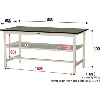 中量作業台/耐荷重500kg_中間全面棚板付き_固定式H900_塩ビシート天板_ワークテーブル500シリーズ 山金工業