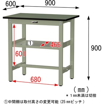 中量作業台/耐荷重500kg_中間全面棚板付き_固定式H900_塩ビシート天板_ワークテーブル500シリーズ 山金工業