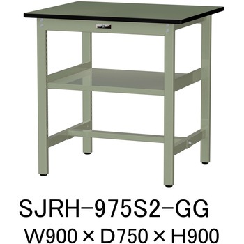 中量作業台/耐荷重500kg_中間全面棚板付き_固定式H900_塩ビシート天板_ワークテーブル500シリーズ 山金工業