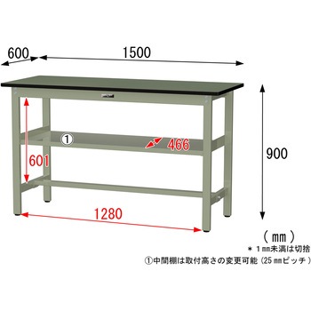 中量作業台/耐荷重500kg_中間全面棚板付き_固定式H900_塩ビシート天板_ワークテーブル500シリーズ 山金工業
