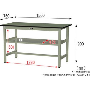 中量作業台/耐荷重500kg_中間全面棚板付き_固定式H900_塩ビシート天板_ワークテーブル500シリーズ 山金工業