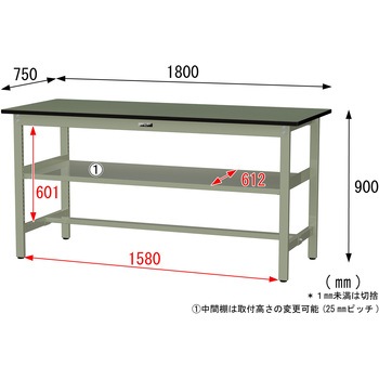 中量作業台/耐荷重500kg_中間全面棚板付き_固定式H900_塩ビシート天板_ワークテーブル500シリーズ 山金工業