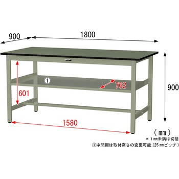 中量作業台/耐荷重500kg_中間全面棚板付き_固定式H900_塩ビシート天板_ワークテーブル500シリーズ 山金工業