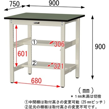中量作業台/耐荷重500kg_中間+足元半面棚板付き_固定式H900_塩ビシート天板_ワークテーブル500シリーズ 山金工業