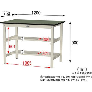 中量作業台/耐荷重500kg_中間+足元半面棚板付き_固定式H900_塩ビシート天板_ワークテーブル500シリーズ 山金工業