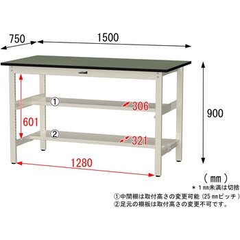 中量作業台/耐荷重500kg_中間+足元半面棚板付き_固定式H900_塩ビシート天板_ワークテーブル500シリーズ 山金工業