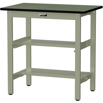 中量作業台/耐荷重500kg_中間+足元半面棚板付き_固定式H900_塩ビシート天板_ワークテーブル500シリーズ 山金工業