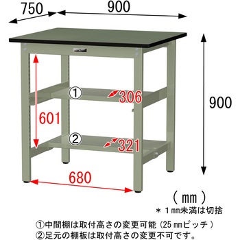 中量作業台/耐荷重500kg_中間+足元半面棚板付き_固定式H900_塩ビシート天板_ワークテーブル500シリーズ 山金工業