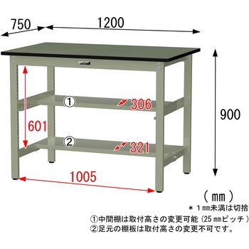 中量作業台/耐荷重500kg_中間+足元半面棚板付き_固定式H900_塩ビシート天板_ワークテーブル500シリーズ 山金工業