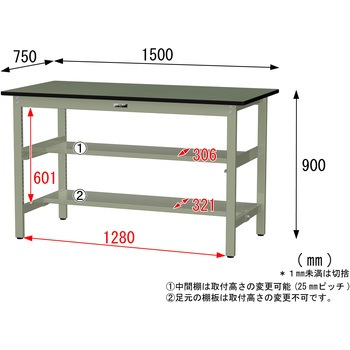中量作業台/耐荷重500kg_中間+足元半面棚板付き_固定式H900_塩ビシート天板_ワークテーブル500シリーズ 山金工業