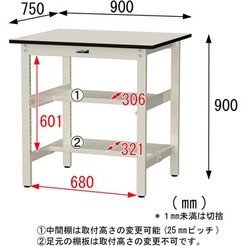 中量作業台/耐荷重500kg_中間+足元半面棚板付き_固定式H900_塩ビシート天板_ワークテーブル500シリーズ 山金工業
