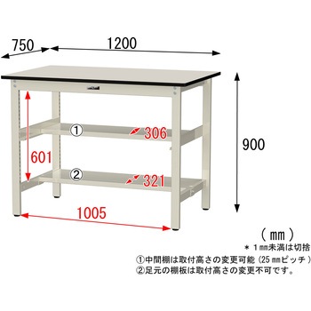 中量作業台/耐荷重500kg_中間+足元半面棚板付き_固定式H900_塩ビシート天板_ワークテーブル500シリーズ 山金工業