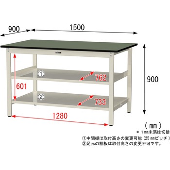中量作業台/耐荷重500kg_中間+足元全面棚板付き_固定式H900_塩ビシート天板_ワークテーブル500シリーズ 山金工業