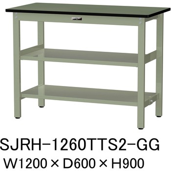 中量作業台/耐荷重500kg_中間+足元全面棚板付き_固定式H900_塩ビシート天板_ワークテーブル500シリーズ 山金工業