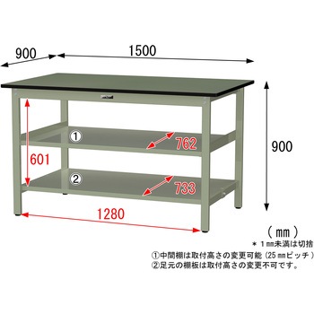中量作業台/耐荷重500kg_中間+足元全面棚板付き_固定式H900_塩ビシート天板_ワークテーブル500シリーズ 山金工業