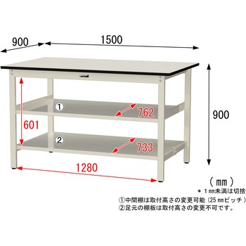 中量作業台/耐荷重500kg_中間+足元全面棚板付き_固定式H900_塩ビシート天板_ワークテーブル500シリーズ 山金工業