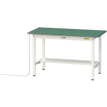 軽量作業台/耐荷重150kg_導電性ゴムマット+アース付き_固定式_半面棚板付き_ワークテーブル150シリーズ 山金工業