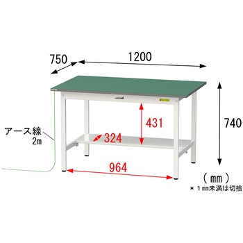 軽量作業台/耐荷重150kg_導電性ゴムマット+アース付き_固定式_半面棚板付き_ワークテーブル150シリーズ 山金工業