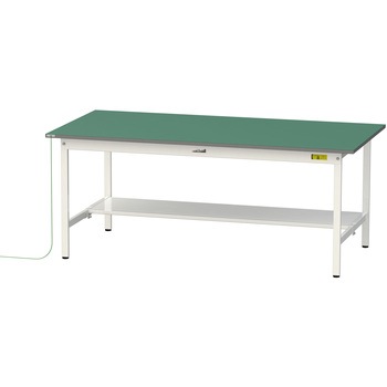軽量作業台/耐荷重150kg_導電性ゴムマット+アース付き_固定式_半面棚板付き_ワークテーブル150シリーズ 山金工業