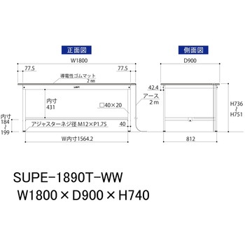 軽量作業台/耐荷重150kg_導電性ゴムマット+アース付き_固定式_半面棚板付き_ワークテーブル150シリーズ 山金工業