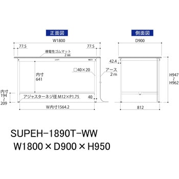 軽量作業台/耐荷重150kg_導電性ゴムマット+アース付き_固定式_半面棚板付き_ワークテーブル150シリーズ 山金工業