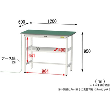 軽量作業台/耐荷重150kg_導電性ゴムマット+アース付き_中間棚付き固定式_ワークテーブル150シリーズ 山金工業