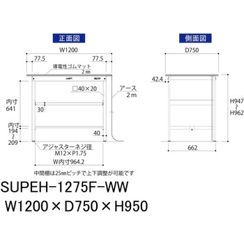 軽量作業台/耐荷重150kg_導電性ゴムマット+アース付き_中間棚付き固定式_ワークテーブル150シリーズ 山金工業