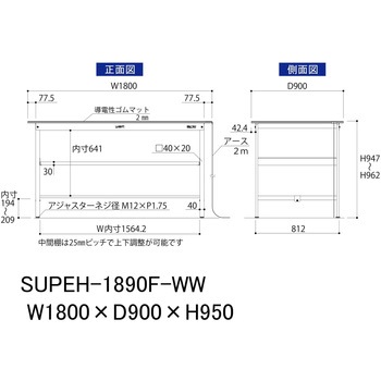 軽量作業台/耐荷重150kg_導電性ゴムマット+アース付き_中間棚付き固定式_ワークテーブル150シリーズ 山金工業