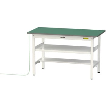 軽量作業台/耐荷重150kg_導電性ゴムマット+アース付き_中間棚付き固定式_半面棚板付き_ワークテーブル150シリーズ 山金工業
