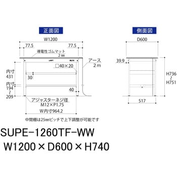 軽量作業台/耐荷重150kg_導電性ゴムマット+アース付き_中間棚付き固定式_半面棚板付き_ワークテーブル150シリーズ 山金工業