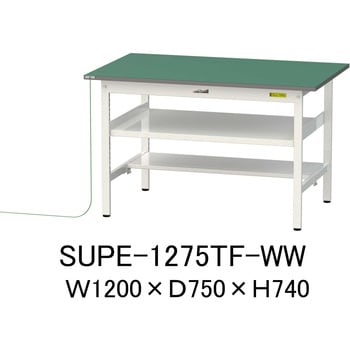 軽量作業台/耐荷重150kg_導電性ゴムマット+アース付き_中間棚付き固定式_半面棚板付き_ワークテーブル150シリーズ 山金工業