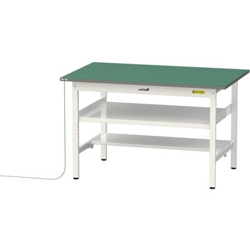 軽量作業台/耐荷重150kg_導電性ゴムマット+アース付き_中間棚付き固定式_半面棚板付き_ワークテーブル150シリーズ 山金工業