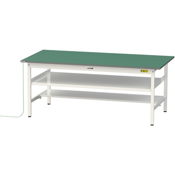 軽量作業台/耐荷重150kg_導電性ゴムマット+アース付き_中間棚付き固定式_半面棚板付き_ワークテーブル150シリーズ 山金工業