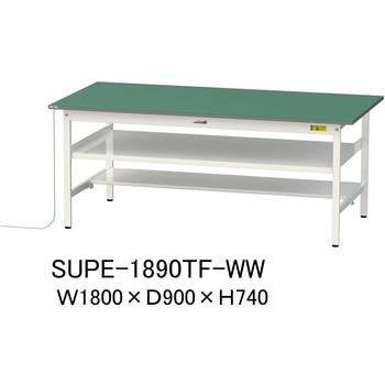 軽量作業台/耐荷重150kg_導電性ゴムマット+アース付き_中間棚付き固定式_半面棚板付き_ワークテーブル150シリーズ 山金工業