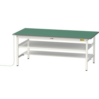 軽量作業台/耐荷重150kg_導電性ゴムマット+アース付き_中間棚付き固定式_半面棚板付き_ワークテーブル150シリーズ 山金工業
