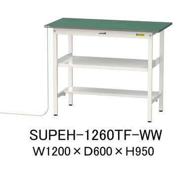 軽量作業台/耐荷重150kg_導電性ゴムマット+アース付き_中間棚付き固定式_半面棚板付き_ワークテーブル150シリーズ 山金工業