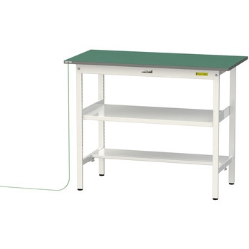軽量作業台/耐荷重150kg_導電性ゴムマット+アース付き_中間棚付き固定式_半面棚板付き_ワークテーブル150シリーズ 山金工業