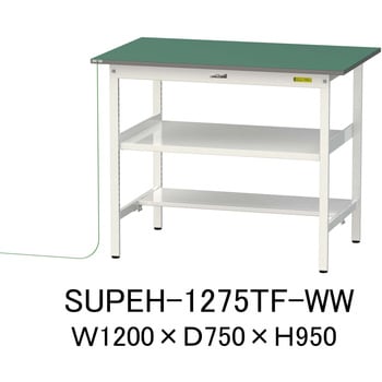 軽量作業台/耐荷重150kg_導電性ゴムマット+アース付き_中間棚付き固定式_半面棚板付き_ワークテーブル150シリーズ 山金工業